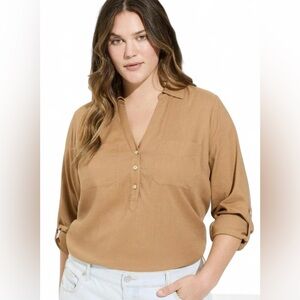 Torrid Top Sz 4XL Linen Blend Henley Tan Button-Up Adjustable Sleeves Pleated